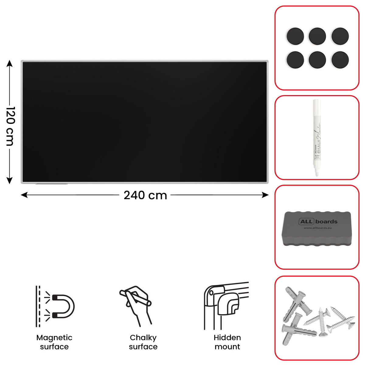 SCHWARZE magnetische Kreidetafel mit Alurahmen EXPO 240x120cm - Schwarz, Metall (240/120/1.6cm) - ALLboards