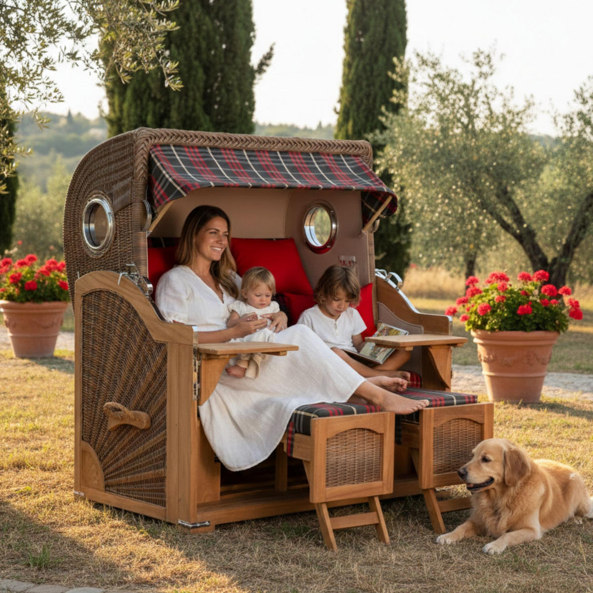 STRANDKORB XXL Düne Grande Teak Banana - Rot/Braun, Metall (142/170/95cm) - Mr. Deko