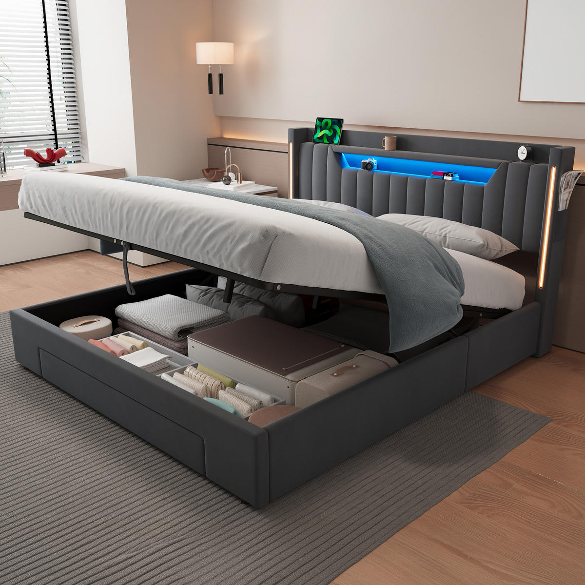 POLSTERBETT 140×200 mit Matratze, Bettkasten, Schubladen und LED Beleuchtung,Samtbezug, in Grau - Grau, Holzwerkstoff/Textil (140/200cm) - STILVORA