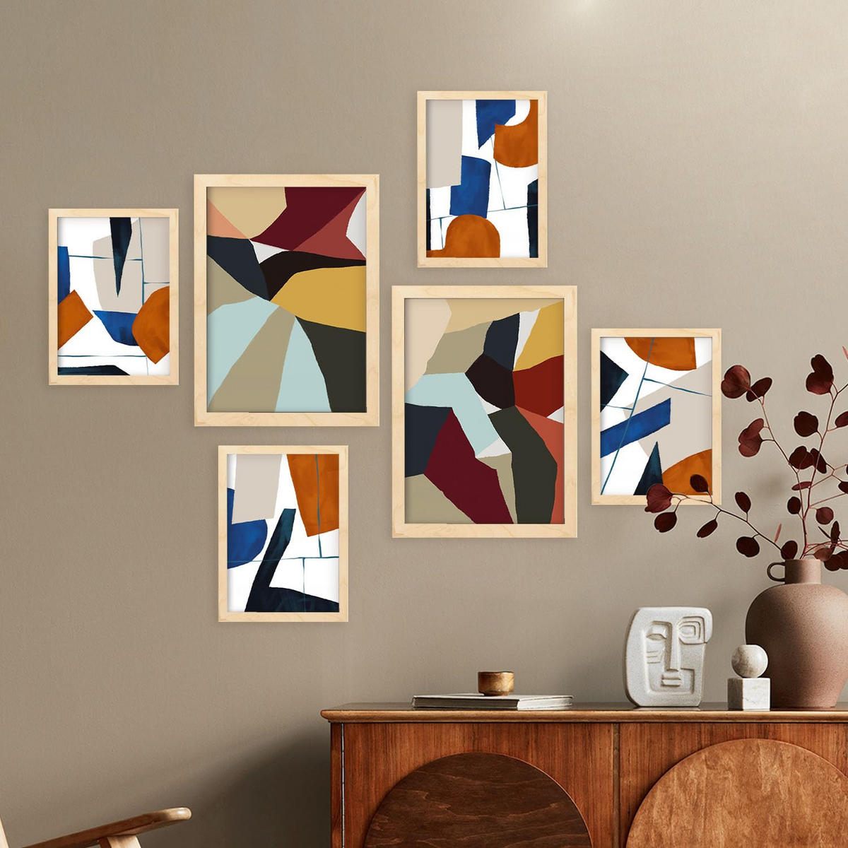 POSTER Set Mit 6 Farbige Kanten In Form Abstracts Ästhetische Dekorative Gemälde Für Ihr Wohnzimmer Zuhause A3 & A4 Rahmen Aus Hellem Holz - Beige, Papier (29/3cm) - Nacnic