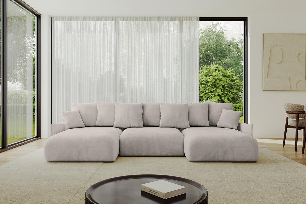WOHNLANDSCHAFT mit Schlaffunktion und Bettkasten ONESK-U-v1 317x177x72 Hellbraun Velours - Hellbraun, Holzwerkstoff/Kunststoff (317/72/177cm) - ALTDECOR