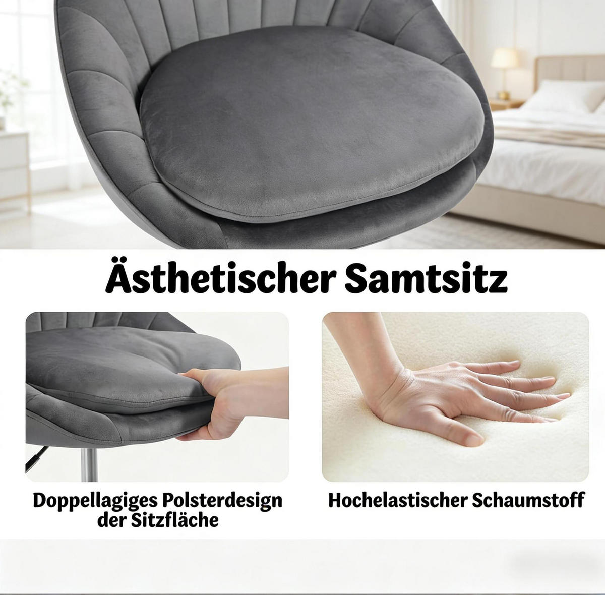 BÜROSTUHL in Dunkelgrau 52x47,5x82 cm aus Samt, höhenverstellbar und drehbar - Dunkelgrau, Metall (47.5/82/52cm) - IVMEU