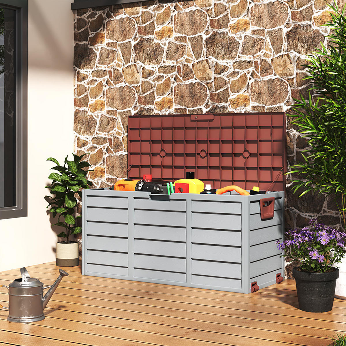 GARTENBOX Auflagenbox Kissenbox 290L aus Kunststoff in Grau&Braun außen Abschließbar Wasserdicht Wetterfest für Garten, Terrasse oder Balkon - Braun/Grau, Kunststoff (112/54/49cm) - Livingandhome