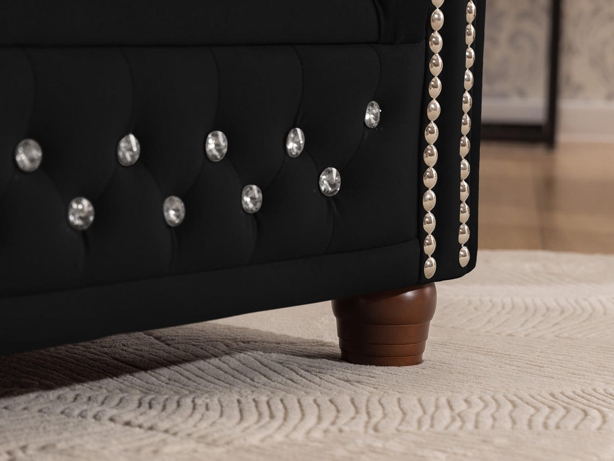 ECKSOFA mit Schlaffunktion Chesterfield Schwarz Samt mit Kristallsteppung und braunen Massivholzfüßen - Ottomane Links - Schwarz/Braun, Holz/Textil (264/210cm) - S-Style Möbel