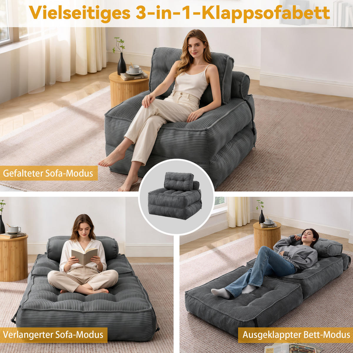 SCHLAFSESSEL 2-in-1 aus weichem Cord, klappbar als Loungesessel und Gästebett - Dunkelgrau, Kunststoff (85/85/85cm) - Urban Meuble