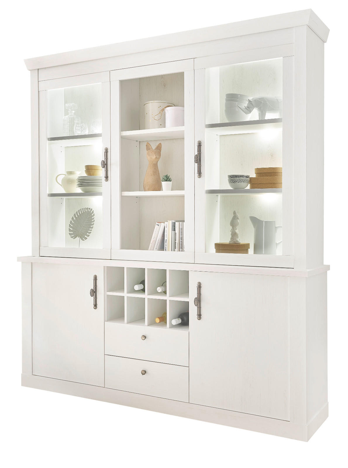 BUFFET weiß Pinie Landhaus, Vitrinenschrank 184 x 207 cm, Soft-Close-Funktion - Weiß, Holzwerkstoff/Kunststoff (184/205/44cm) - Furn.Design
