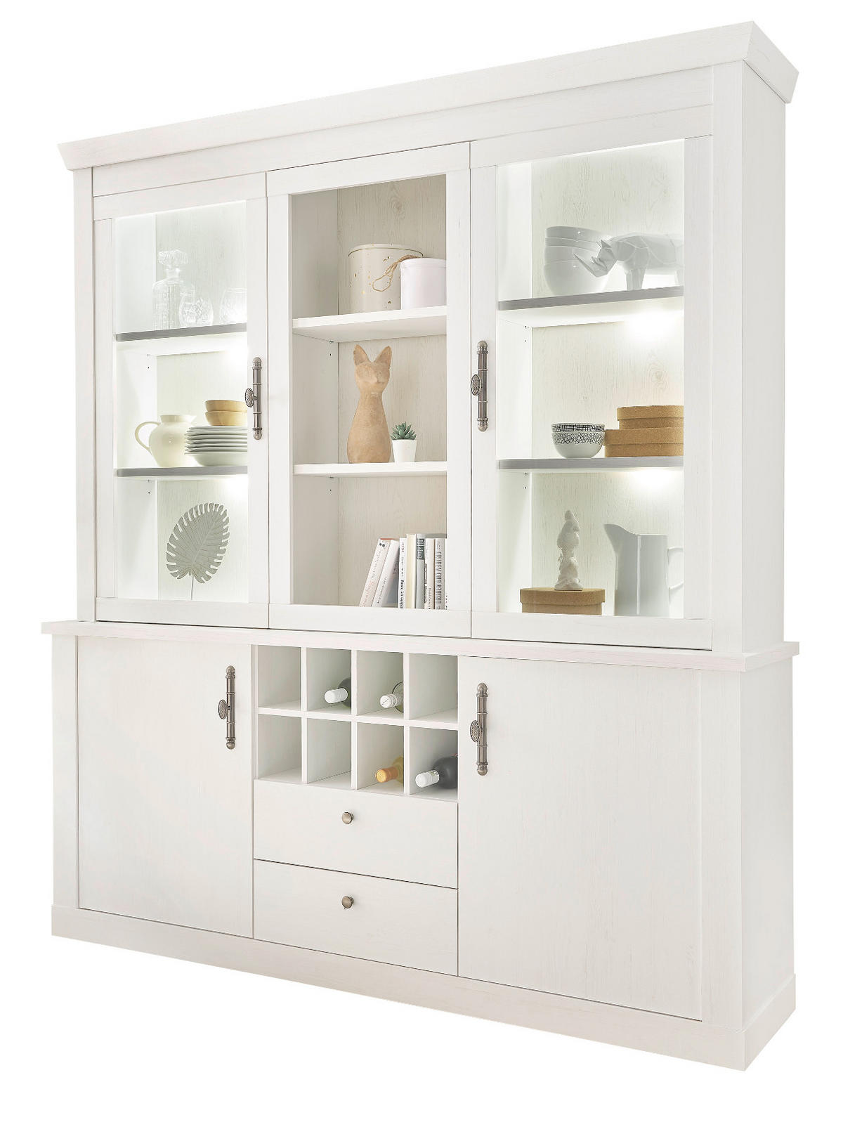 BUFFET weiß Pinie Landhaus, Buffetschrank mit Soft-Close und Beleuchtung - Weiß, Holzwerkstoff/Kunststoff (184/205/44cm) - Furn.Design