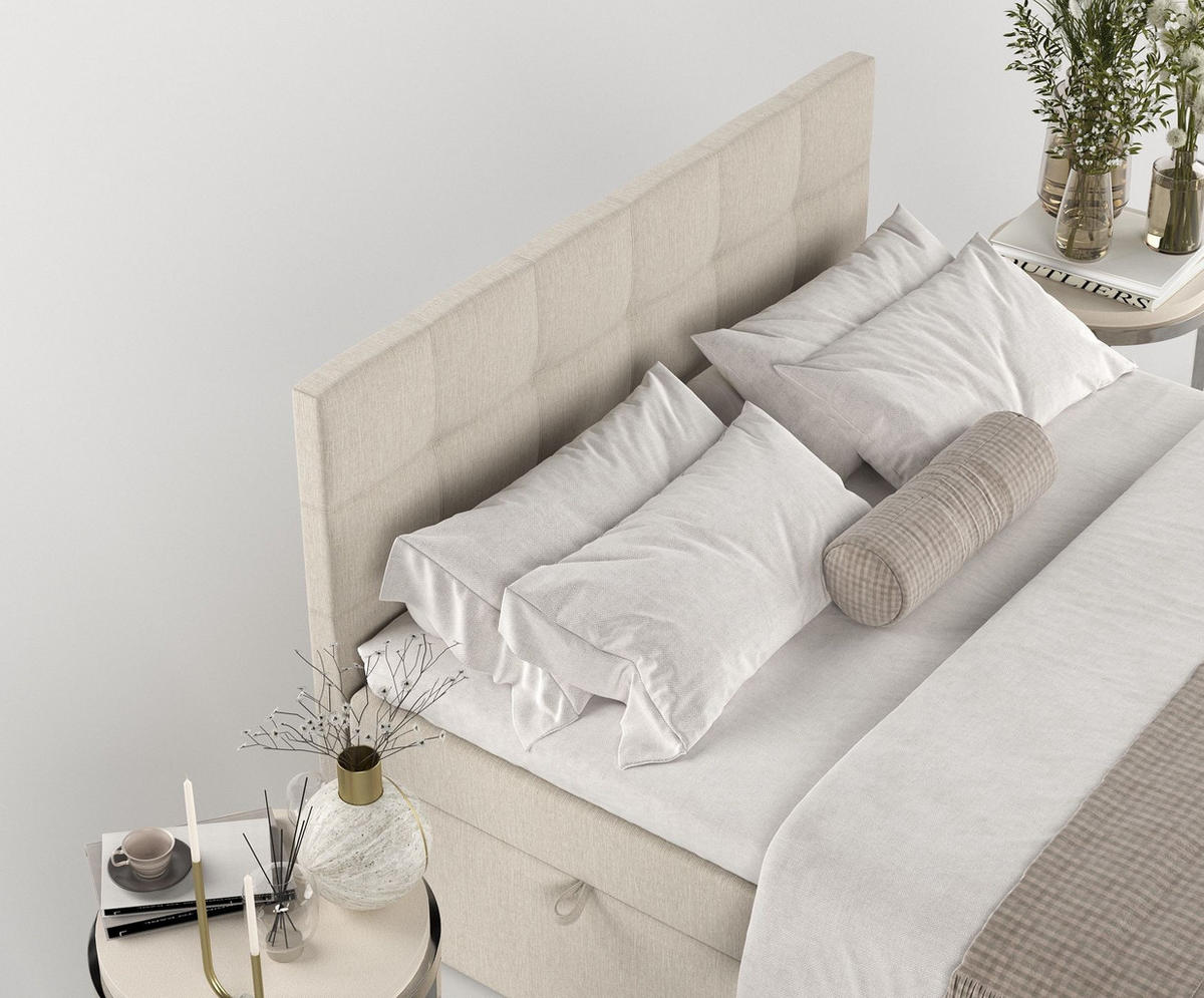 BOXBETT Tari Beige 180/200 cm mit Matratze und Topper - Beige/Schwarz, Holz/Holzwerkstoff (180/200cm) - Maison de Reve