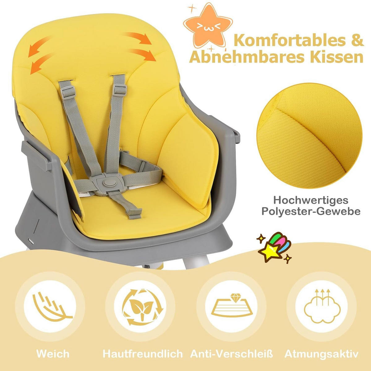 KINDERHOCHSTUHL mit Sicherheitsgurt & abnehmbarem Trichter gelb - Gelb, Kunststoff (58/98/58cm) - COSTWAY