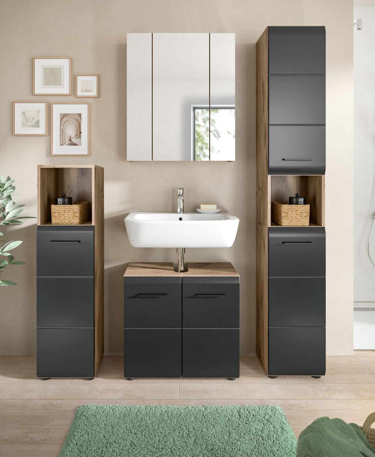 BADMÖBEL-SET Schwarz matt, Eiche Nox, Badezimmer 4-teilig 150 x 185 cm mit viel Stauraum - Eichefarben/Schwarz, Glas/Holzwerkstoff (150/185/30cm) - Inn.Furn