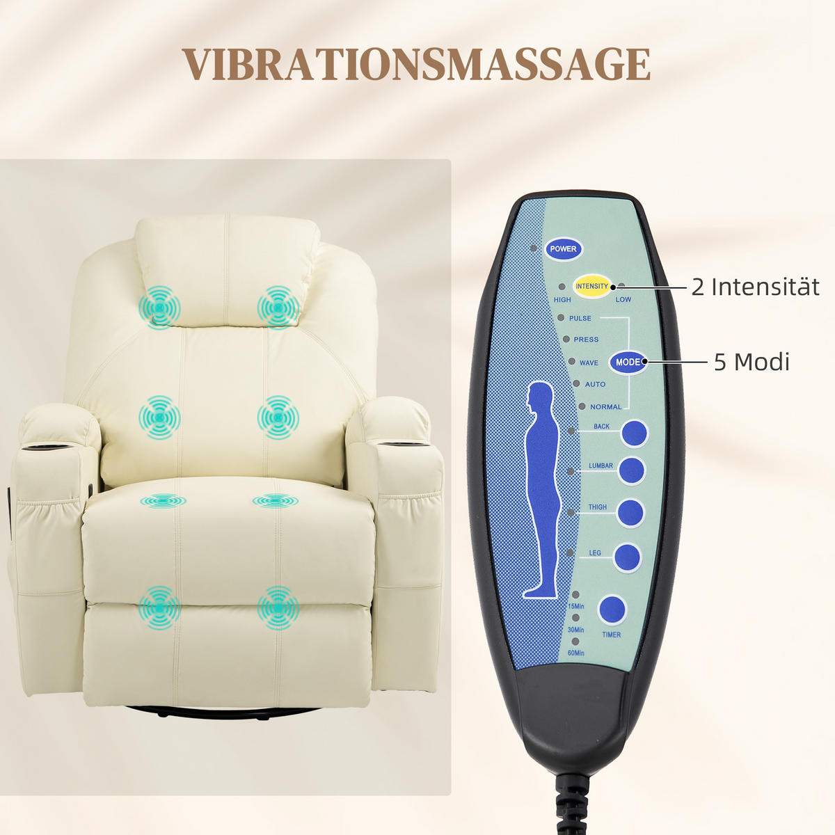 RELAXSESSEL mit Massagefunktion, Elektrisch Fernsehsessel mit Liegefunktion - Creme/Schwarz, Leder/Kunststoff (99/106/89cm) - HOMCOM
