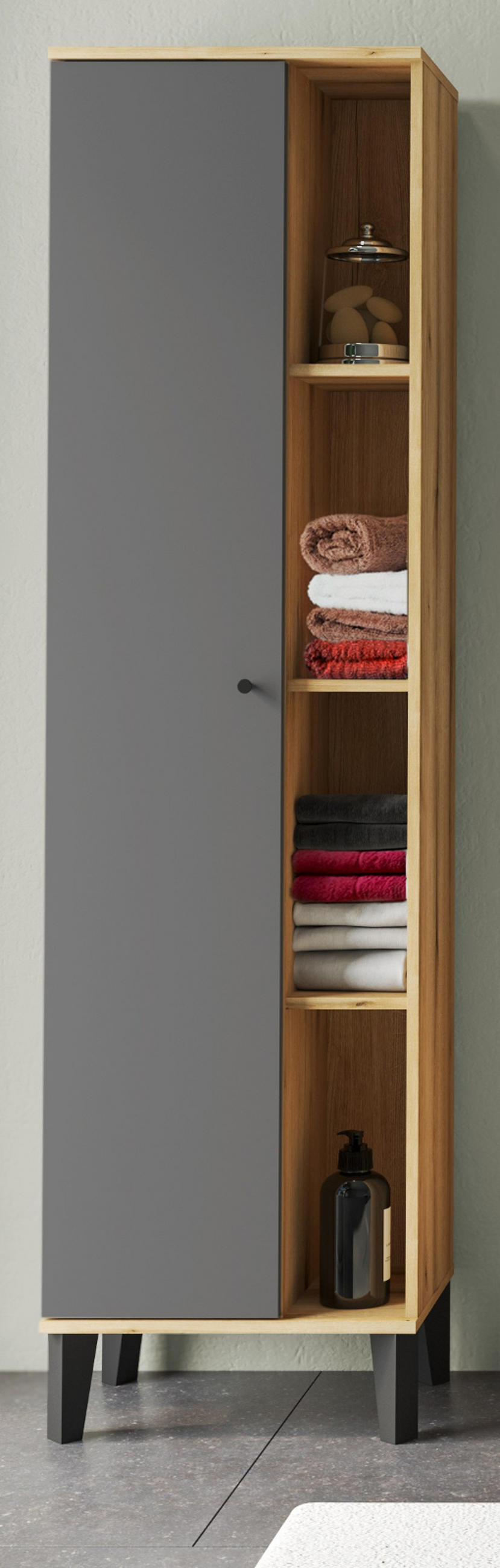 BAD-HOCHSCHRANK grau, Evoke Eiche, Badschrank, 51 x 190 cm - Eichefarben/Schwarz, Holz/Holzwerkstoff (51/190/33cm) - Furn.Design