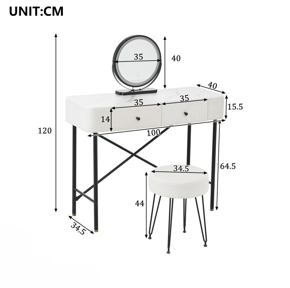 SCHMINKTISCH aus Spanplatte und Metall 100x40x120 cm Weiß mit LED-Spiegel, 2 Schubladen und Hocker - Weiß, Holzwerkstoff (100/120/40cm) - Modfu