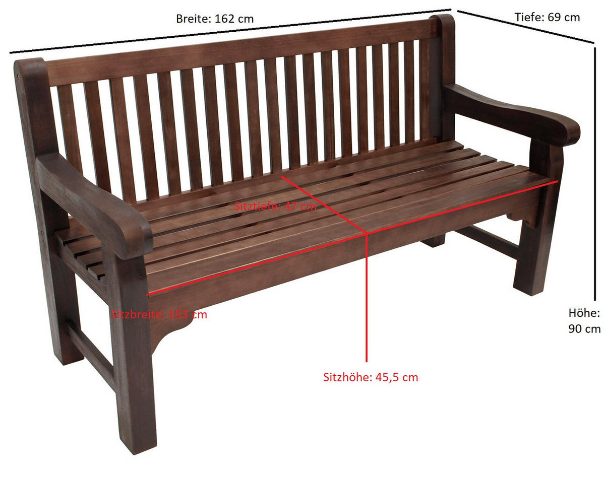 GARTENBANK Holzbank Bristal 3-Sitzer aus Eukalyptusholz - Braun, Holz (162/90/69cm) - TPFGarden