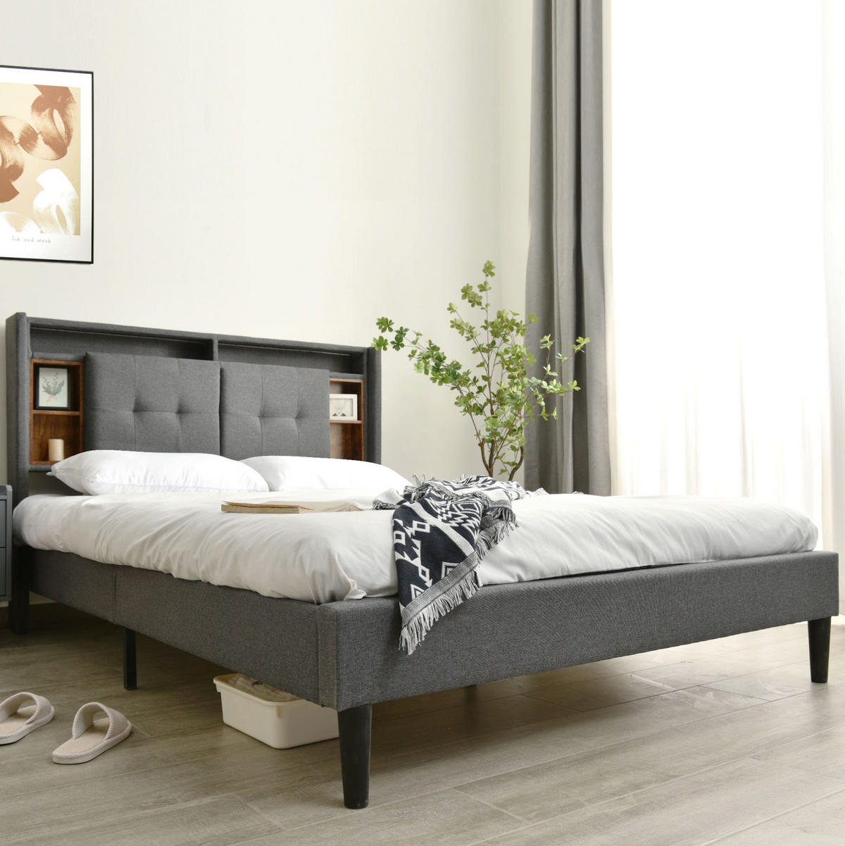 BETT mit Stauraum-Kopfteil USB und LED 140x200 cm Grau - Grau, Holz (140/200cm) - Meubliv