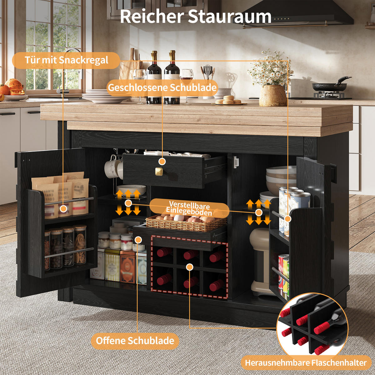 KÜCHENINSEL-ESSTISCH Schwarz 120–197×40×74,2 cm mit 360° drehbarer Platte, Patchwork-Türen und Weinregal aus Holzwerkstoff - Schwarz, Holzwerkstoff (120/74.2/40cm) - Luhomfu