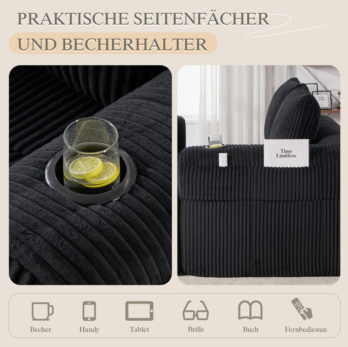 DVOUMÍSTNÁ pohovka 158/93/61 cm černá z manšestru s bočními kapsami a držáky na nápoje - černá, textil (93/61/158cm) - OKWISH