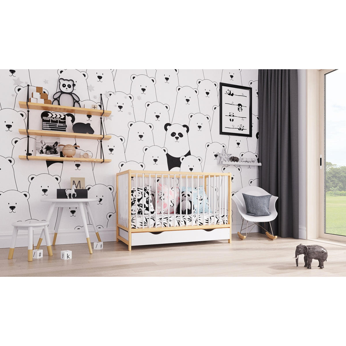 BABYBETT Anna, Mitwachsendes, mit Schublade Weiß und Kiefer - Kieferfarben, Holz (60/120cm) - Premiers Moments
