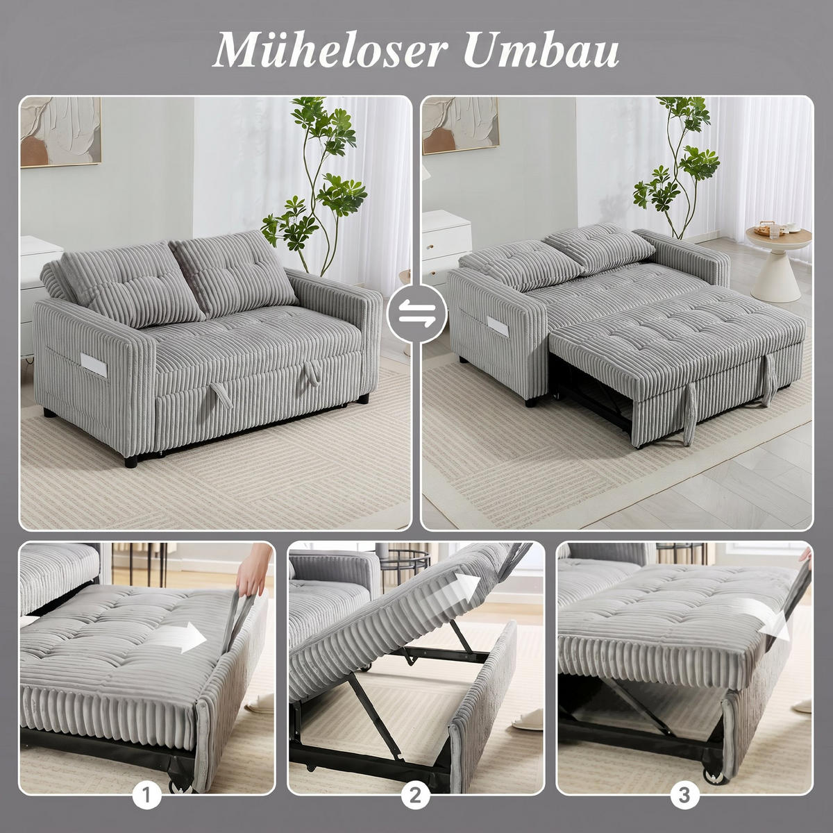 SCHLAFSOFA Polyester Stahl Hellgrau - Hellgrau/Schwarz, Holz/Kunststoff (90/91/157cm) - HOMCOM