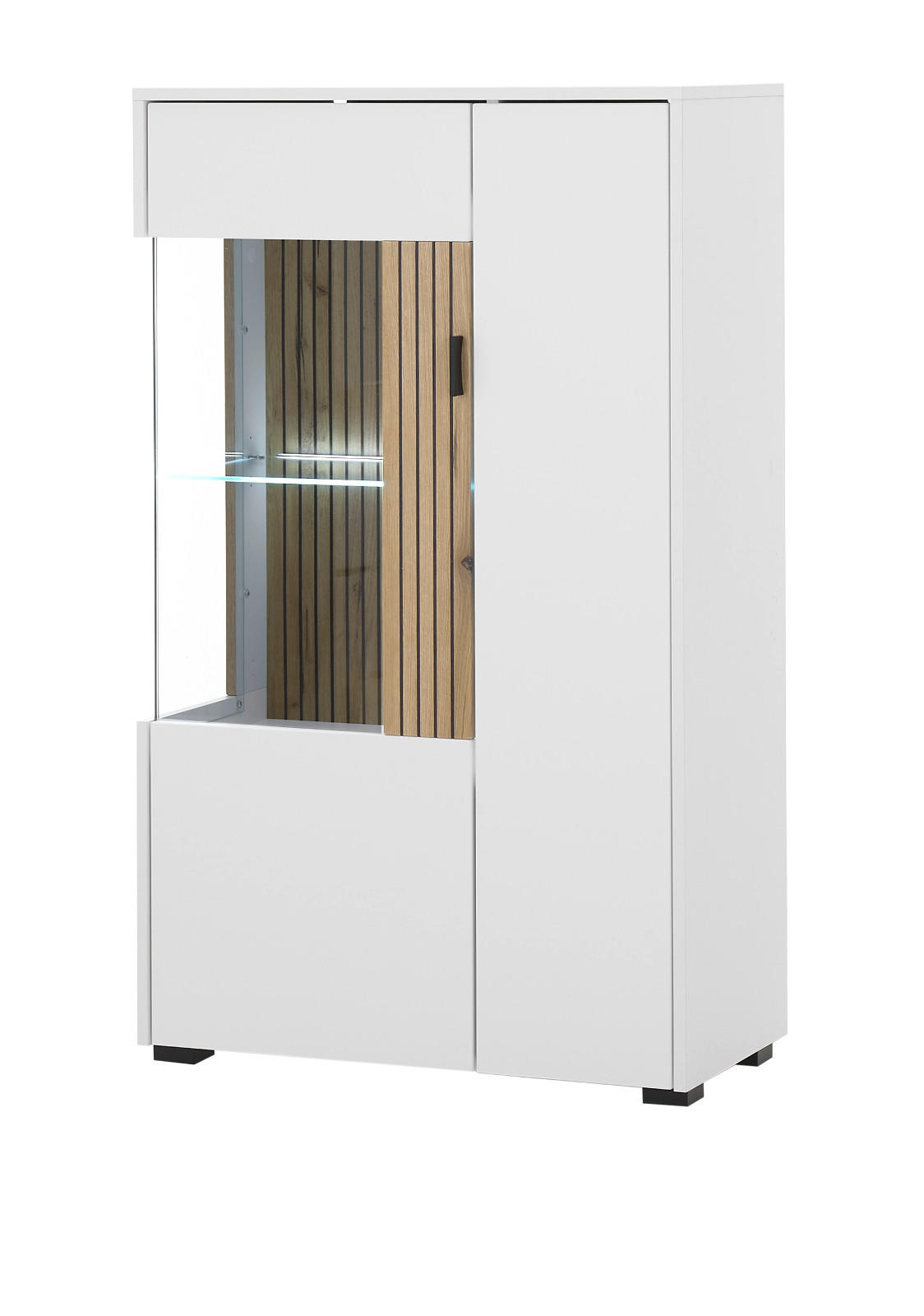 VITRINE weiß matt, Eiche 75 x 125 cm, Stauraumvitrine mit Soft-Close - Eichefarben/Schwarz, Glas/Holzwerkstoff (75/125/38cm) - Furn.Design