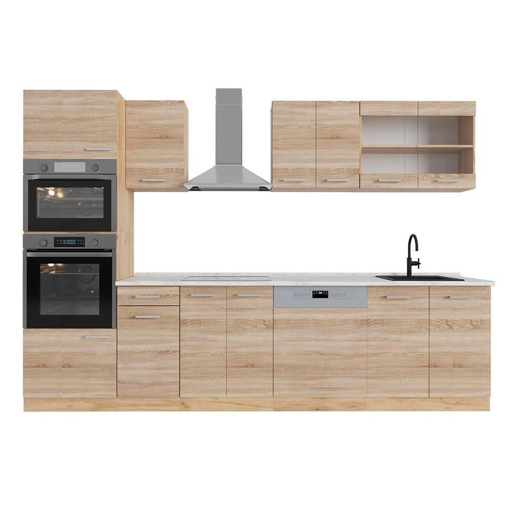 KUHINJSKI BLOK R-Line Hrast Sonoma/Goldkraft 300 cm z visoko omaro, DP Marmor - hrast sonoma/medeni hrast, leseni material (300/81.6/60cm) - Vicco