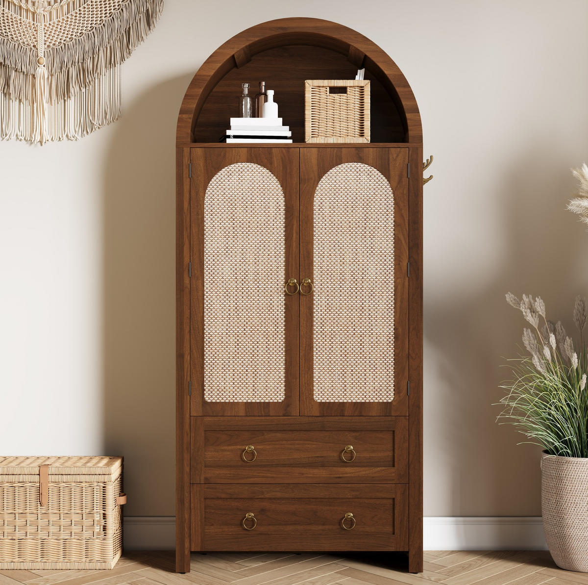 HIGHBOARD 80/180/40 cm Nussbaum aus MDF mit Rattantüren - Nussbaumfarben, Holzwerkstoff (40/180/80cm) - OKMYHOME