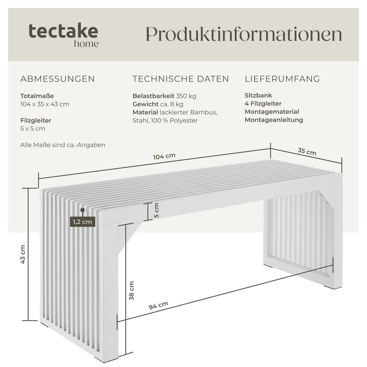 SITZBANK Ribb, Belastbarkeit 350 kg, weiß - Weiß, Holz (104/43/35cm) - tectake