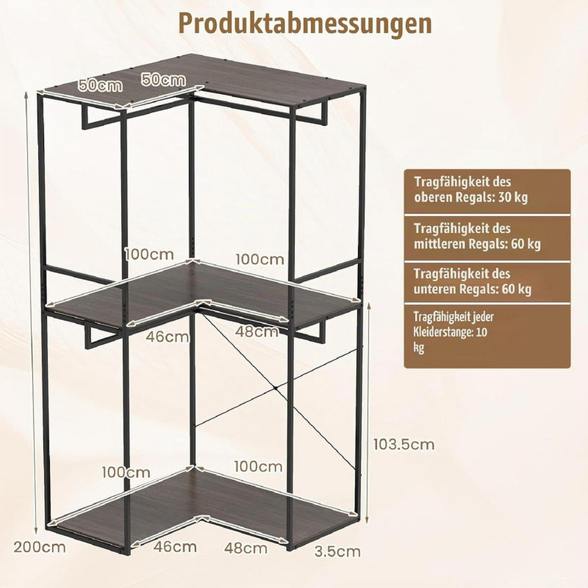 GARDEROBENSTÄNDER mit 3 Ablagen grau - Grau, Metall (100/200/100cm) - COSTWAY