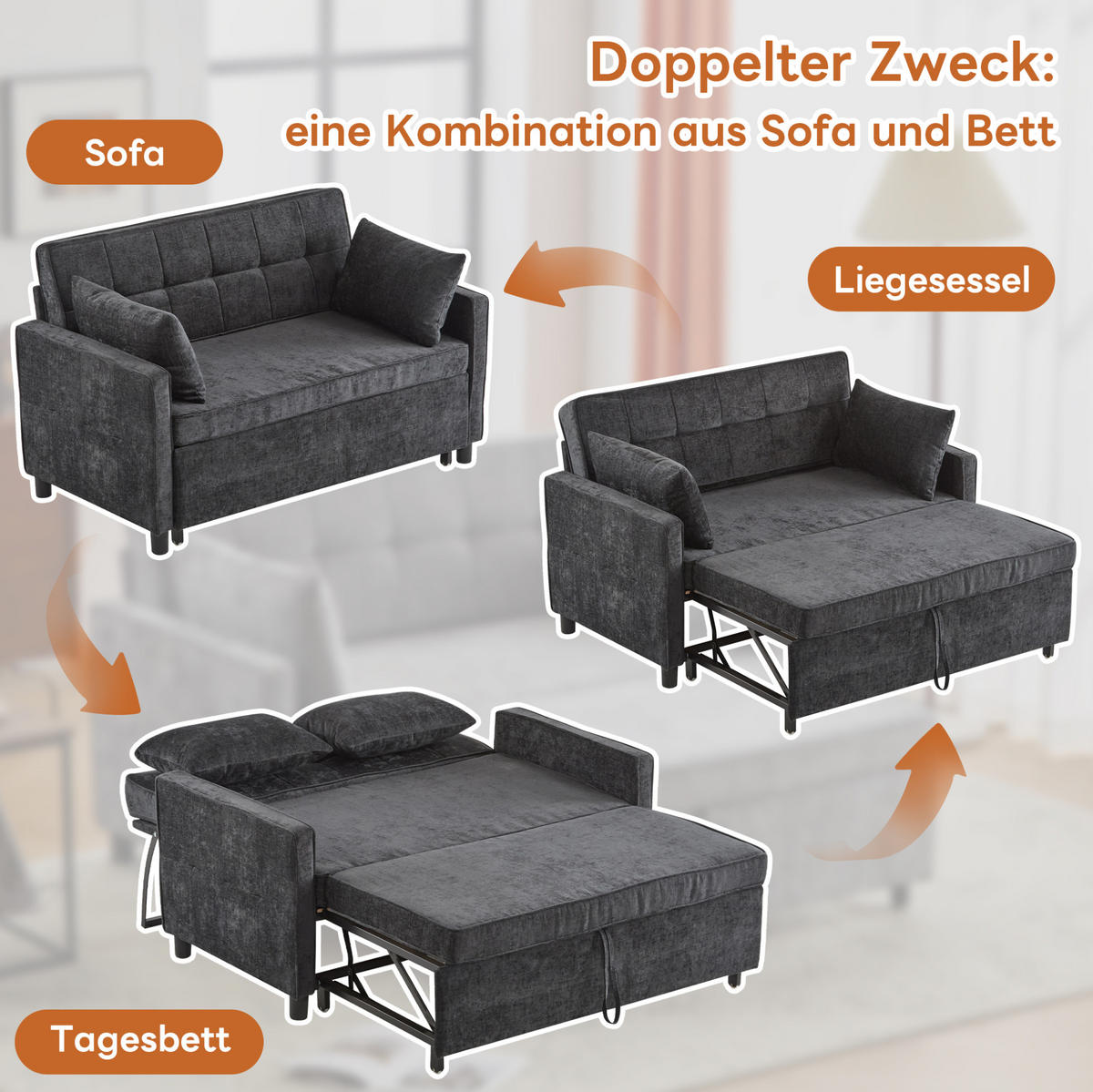 SCHLAFSOFA Chenille mit Ausziehfunktion und 2 Kissen Antikschwarz 142/79/85 cm - Schwarz, Textil (79/85/142cm) - Redom