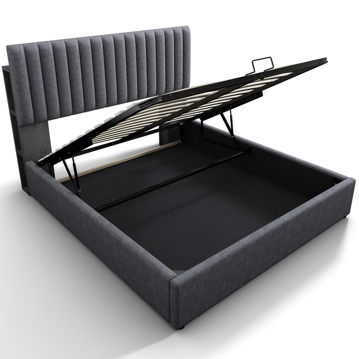 BETT mit Stauraum, LED & Matratze 160x200 cm Leinen Grau - Grau, Metall (160/200cm) - Meubliv