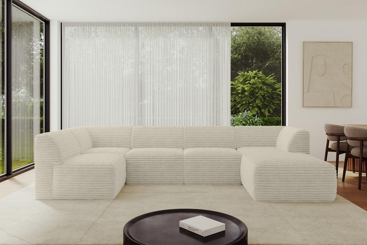 WOHNLANDSCHAFT Ottomane Rechts MOVO-L 345x180x78 cm Creme Cord - Ecru, Holzwerkstoff/Kunststoff (180/78/345cm) - ALTDECOR