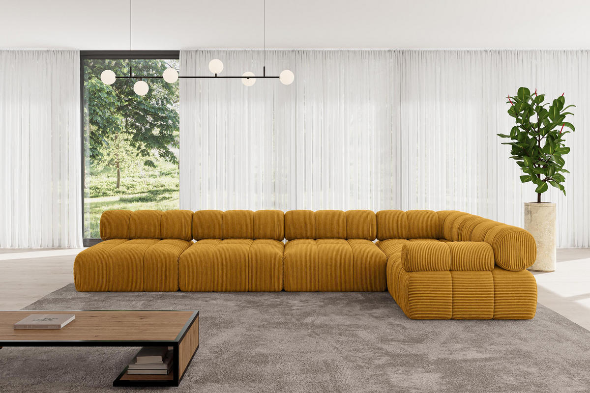 ECKSOFA modulares Sofa Mende-L3 - 380x190x70 cm Senfgelb Cord - Currygelb, Holzwerkstoff/Textil (380/190cm) - ALTDECOR