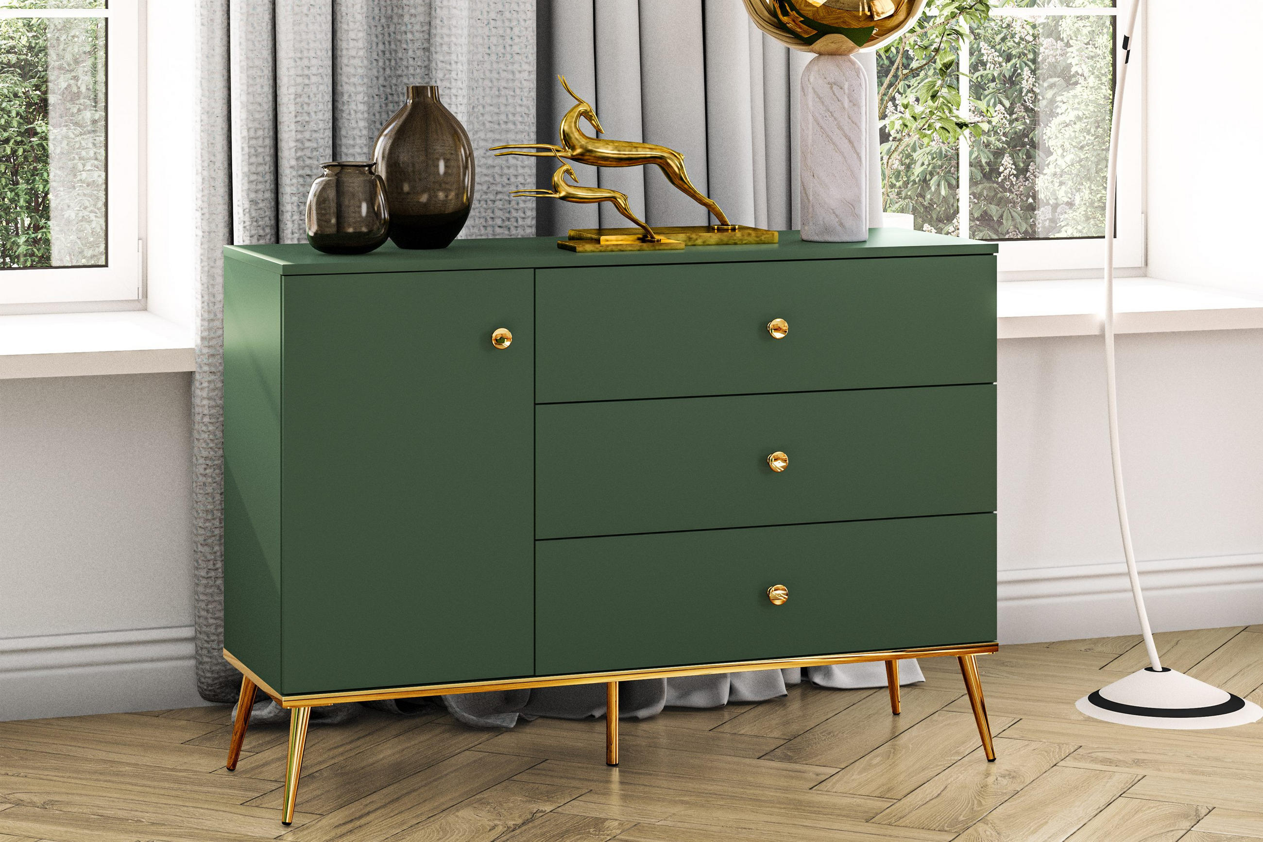 Kommode 60cm Oliv Grün 4 Schubladen – Vintage Metallgriffe Aufbewahrungsschrank Für Schlafzimmer & Flur