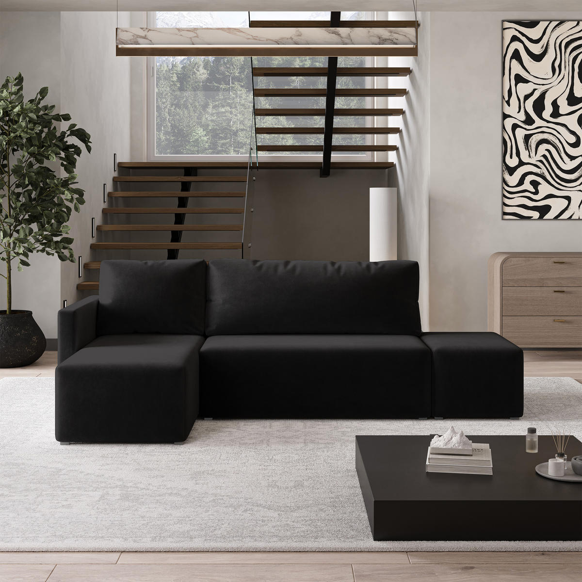 ECKSOFA VELOTTI L-S Schwarz Plüsch-Stoff mit Schlaffunktion - Schwarz, Holz (261/143cm) - MASSENO