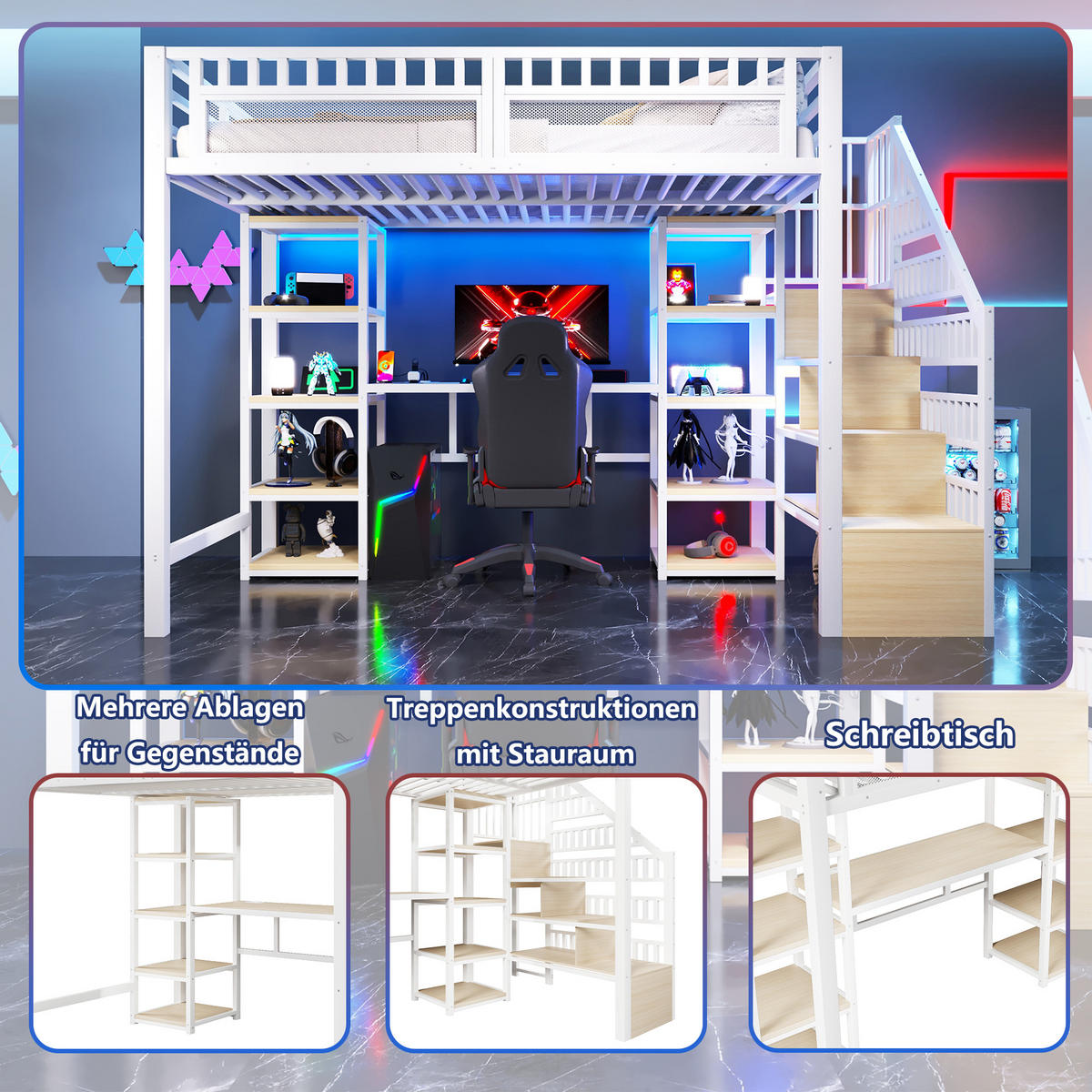 HOCHBETT 140x200cm Weiß Mit Schreibtisch USB & LED - Weiß, Metall - FLIEKS