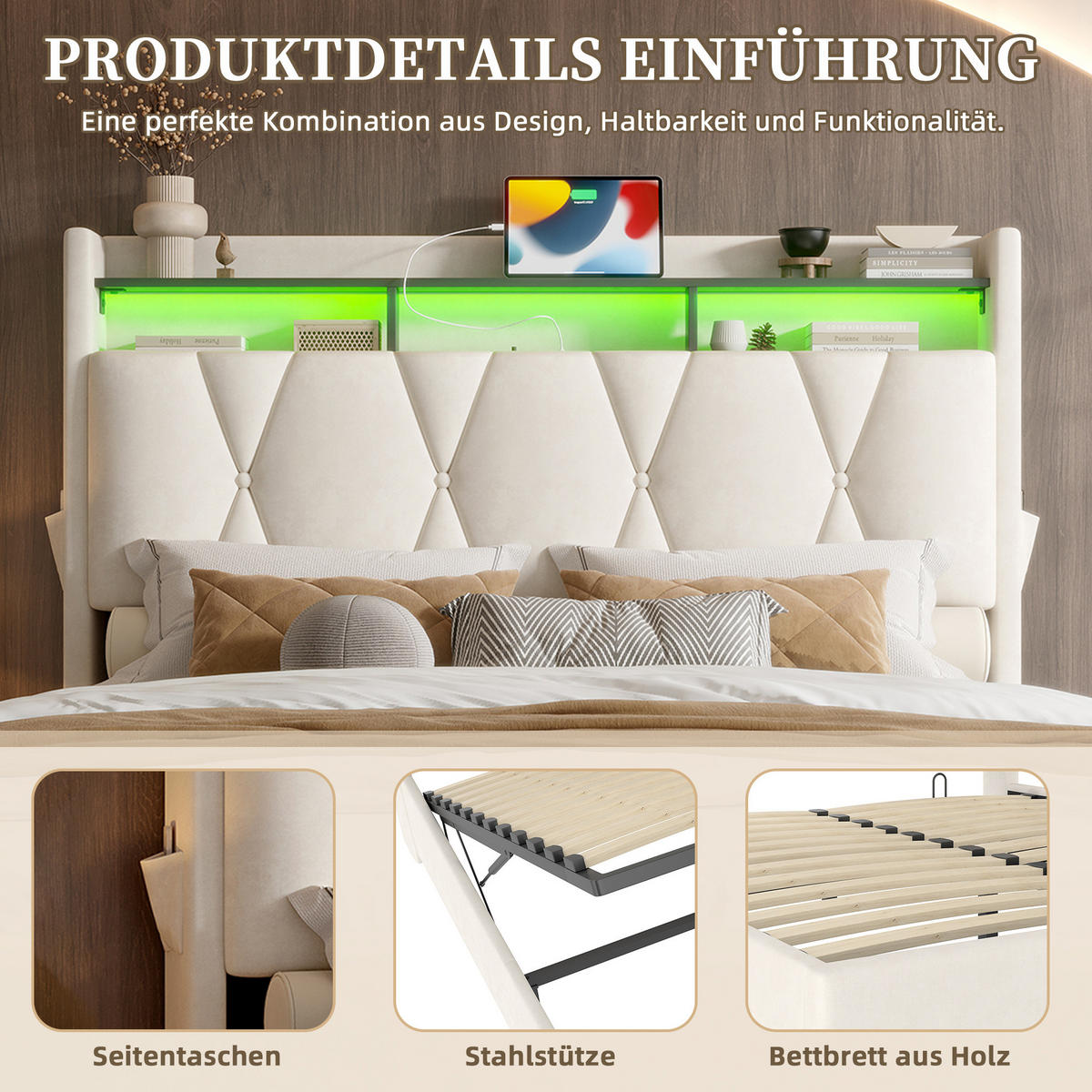 POLSTERBETT 140/200 cm in Beige aus Samt mit LED-Beleuchtung und Stauraum - Beige, Textil (140/200cm) - Flora Grace