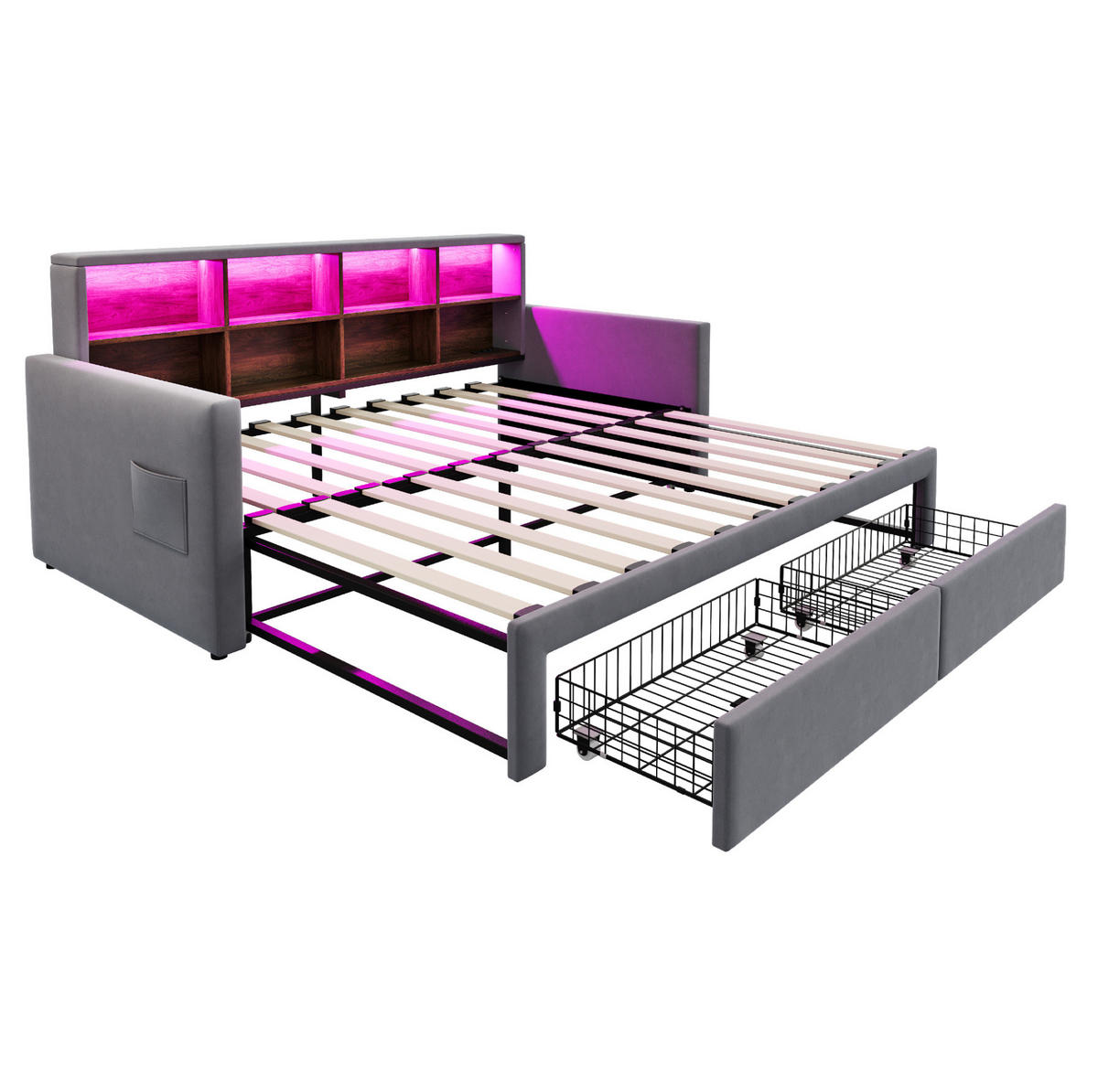 POLSTERBETT 90/190 cm aus Samt mit LED-Lichtleiste, Grau - Grau, Textil (90/190cm) - OKMYHOME