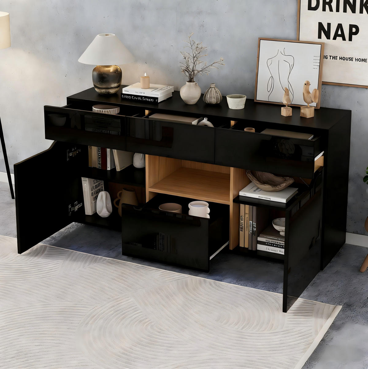 SIDEBOARD 140/40/70 cm mit LED-Beleuchtung, 4 Schubladen und 2 Türen, Hochglanz-Front, Schwarz/Naturholz - Schwarz, Holzwerkstoff (140/70/40cm) - Redom