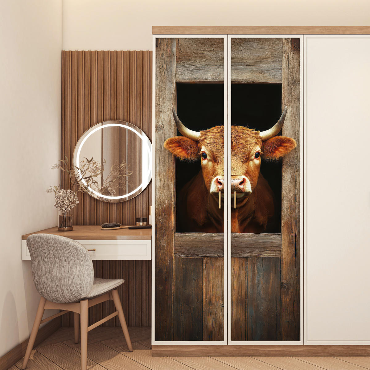 NÁLEPKA NA DVERE Krava - okno - drevo - zvieratá 90x215 cm - farba wenge, plast (90/0.1cm) - MuchoWow
