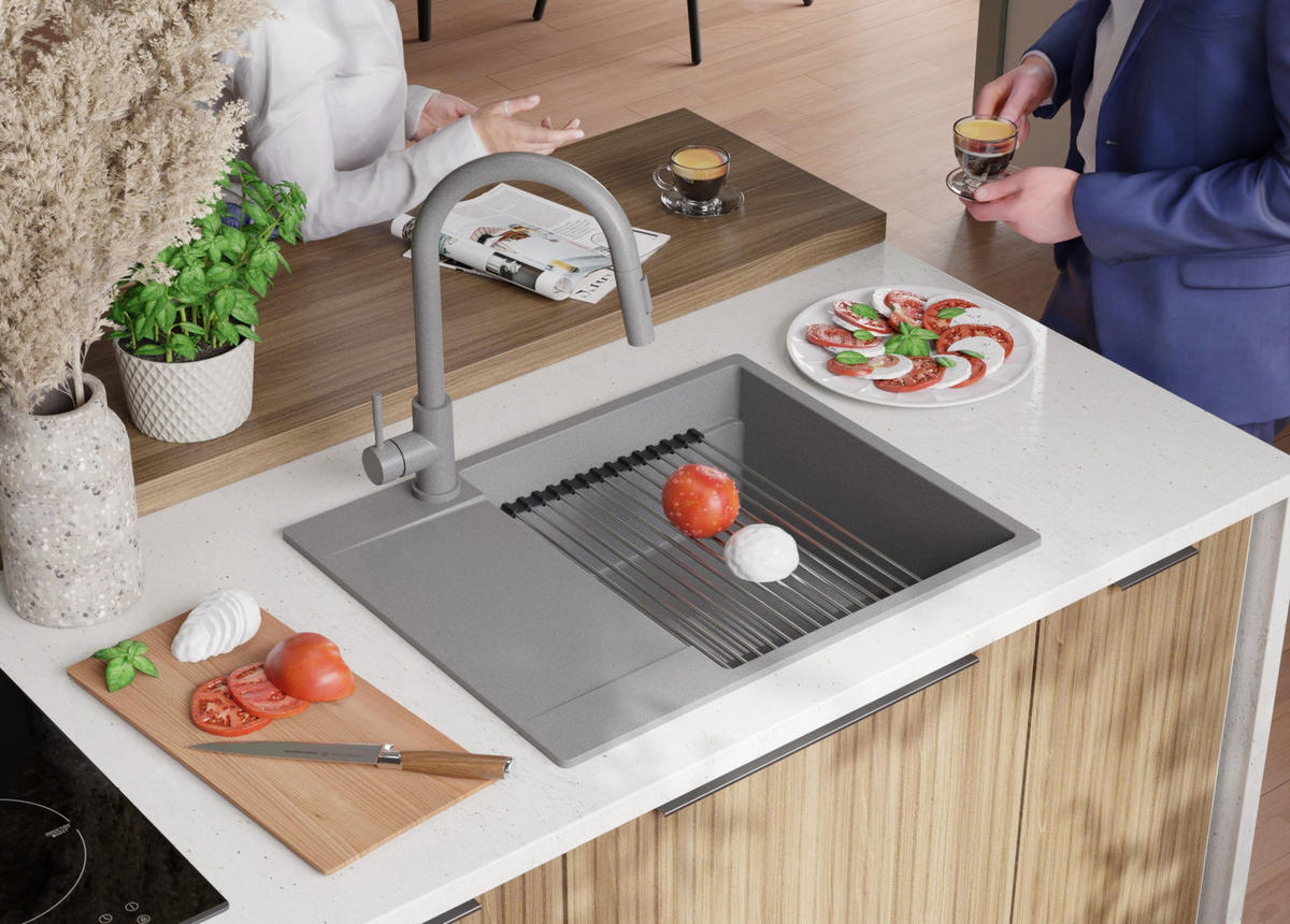 GRANITSPÜLE San Francisco, 2-er set Grau 62/50 cm 1 Becken + Küchenarmatur 32/20 cm + Ablauf-Set + Aufrollbare Abtropffläche ab 50er Unterschrank - Chromfarben/Grau, Kunststoff (62/20/50cm) - Primagran