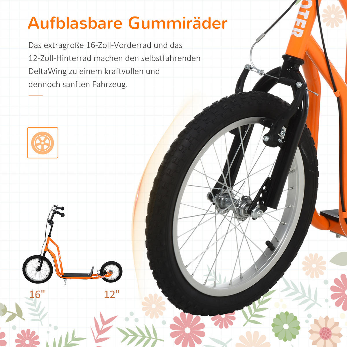 KINDERROLLER ab 5 jahre Scooter Cityroller Kinder Luftreifen verstellbar Orange - Orange, Metall (135/58/88cm) - HOMCOM