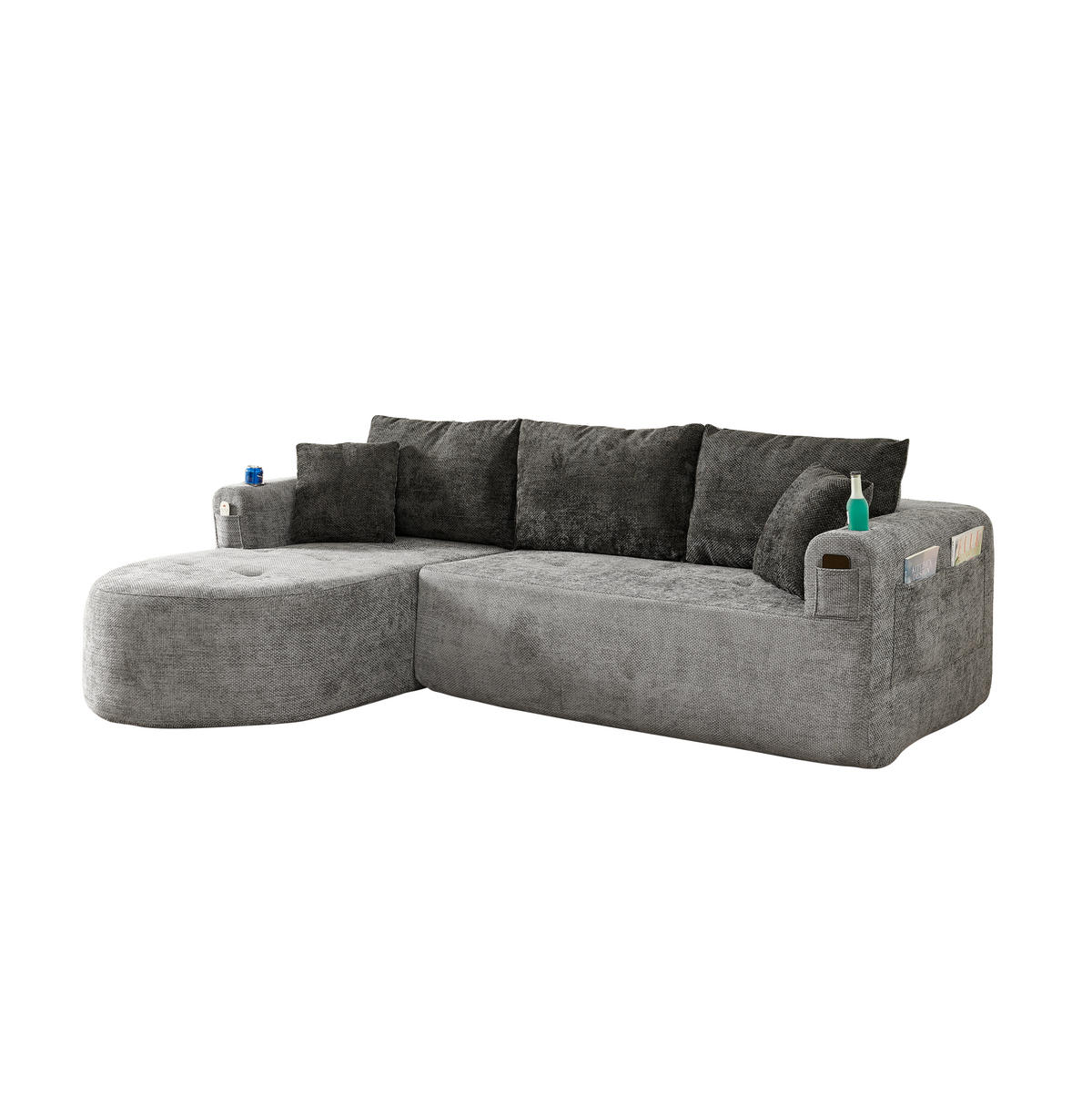 ECKSOFA L-Form montagefrei mit Edelstahl-Becherhalter, Seitentaschen und Leinenoptik, Grau - Grau, Textil (255/170cm) - Redom