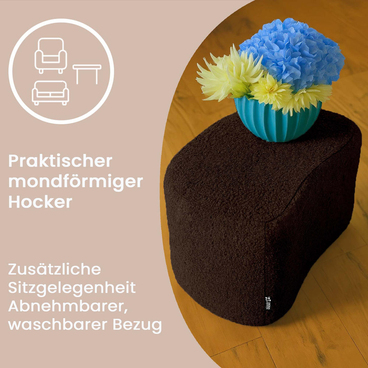SITZSACK Halbmond 54/36/35 cm, weicher Bouclé 315 g/m², Dunkelgrau - Braun, Textil (36/35/54cm) - Dreamroots