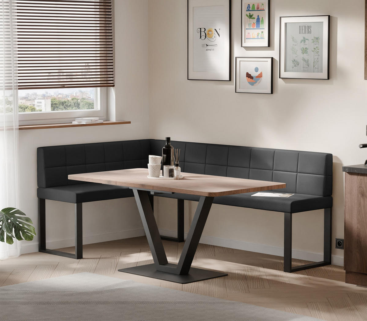 ECKBANK links SANA U Kunstleder gesteppt, 128/168 cm Schwarz - Schwarz, Kunststoff/Textil (128/168cm) - Idohome