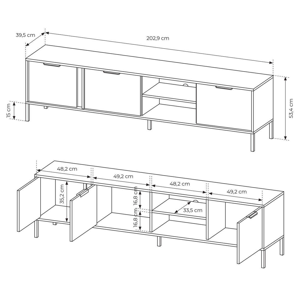 LOWBOARD Catanian 3T Grau 202,9/53,4/39,5 cm – mit goldenen Griffen und schwarzen Beinen - Schwarz/Grau, Holzwerkstoff/Metall (202.9/53.4/39.5cm) - AX Living