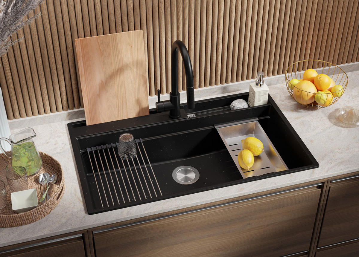 SPÜLBECKEN Oslo Pocket, 2-er set Schwarz Metallic 88/53 cm 1 Becken + Ablauf-Set + Küchenzubehörset ab 90er Unterschrank - Chromfarben/Schwarz Hochglanz, Kunststoff (88/20/53cm) - Primagran