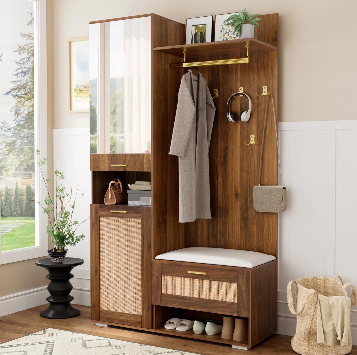 GARDEROBENSET 110/38/190 cm aus MDF und Spanplatte mit Spiegel und LED-Beleuchtung Walnuss/Weiß - Walnussfarben, Holzwerkstoff (38/190/110cm) - Modenvie
