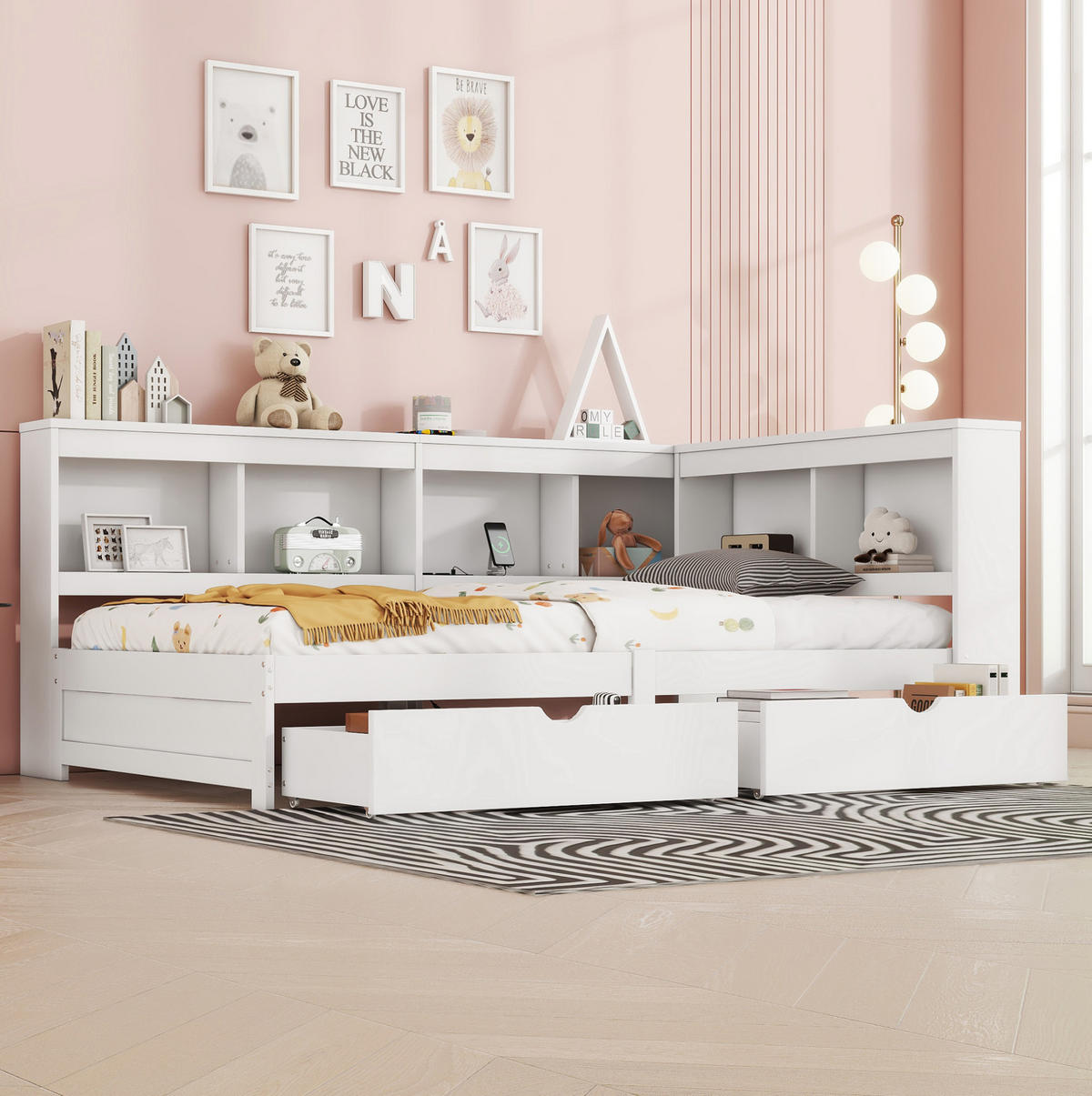 TAGESBETT 90/200 cm mit 2 Schubladen, Steckdose und 2 USB-Anschlüssen, Weiß - Weiß, Holzwerkstoff (90/200cm) - Redom