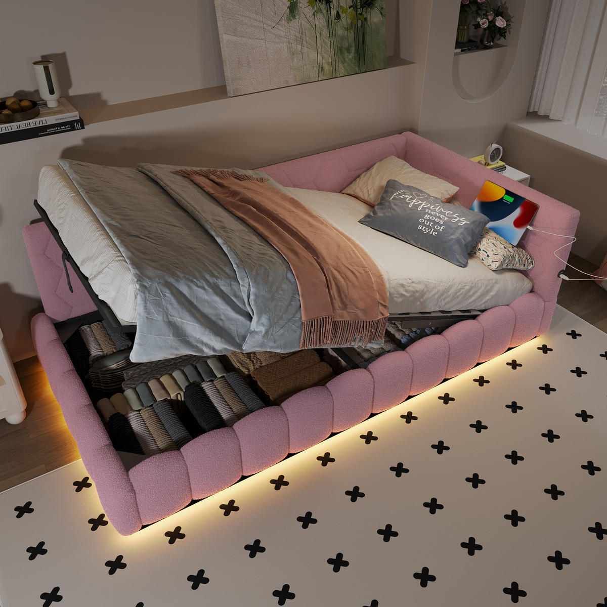 TAGESBETT mit Stauraum und LED 90x200 cm Rosa mit Lattenrost - Rosa, Metall (90/200cm) - Meubliv