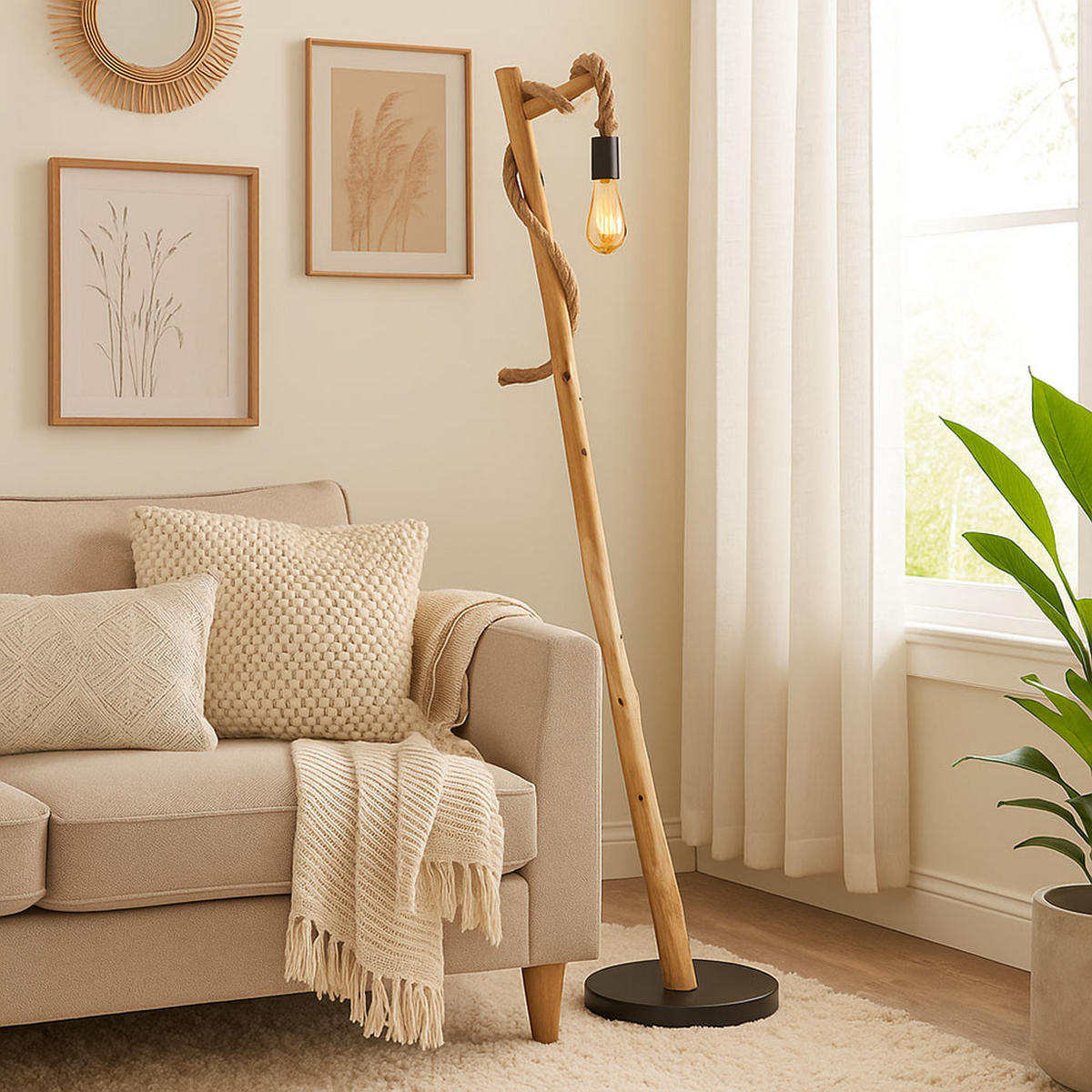 LED STEHLEUCHTE Holz Braun Metall - Braun, Holz (42.5/30/150cm) - Globo Lighting